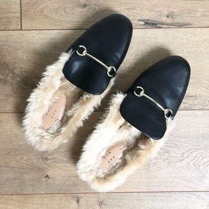 faux leather fur backless mules